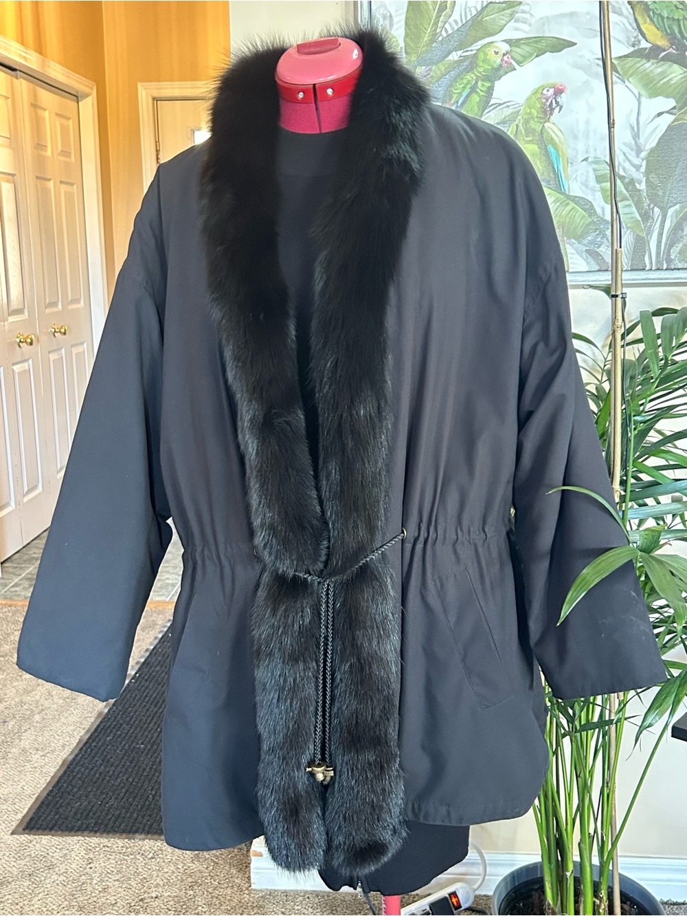 Black Women's Coat with Fur Trim